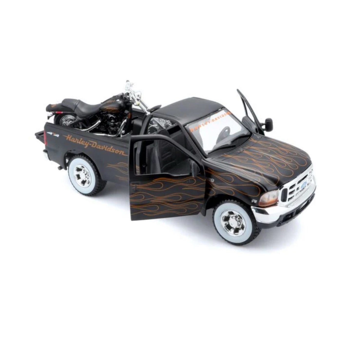 MAISTO - 1999 FORD F350 SUPER DUTY PICKUP - 2002 FXSTB NIGHT TRAIN - HARLEY DAVIDSON - 1:24 SCALE
