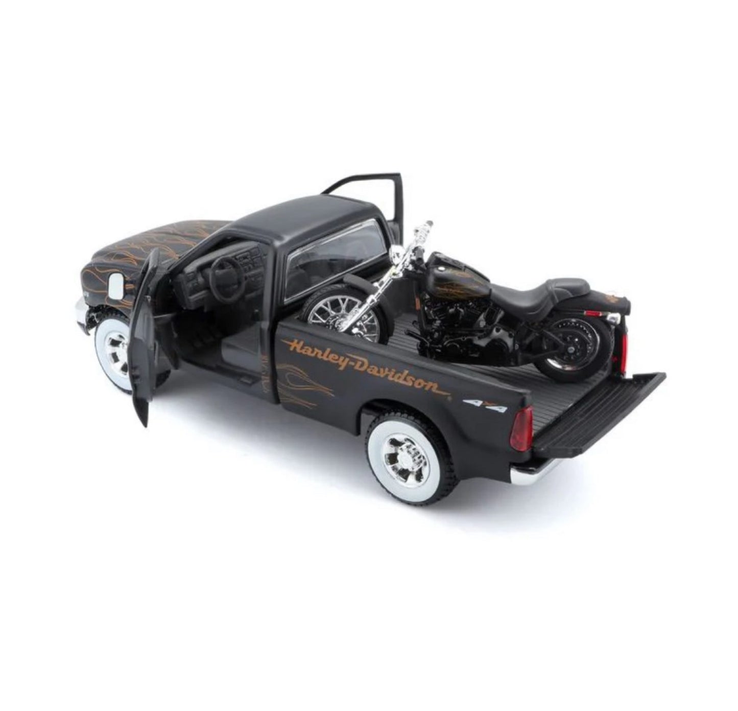 MAISTO - 1999 FORD F350 SUPER DUTY PICKUP - 2002 FXSTB NIGHT TRAIN - HARLEY DAVIDSON - 1:24 SCALE