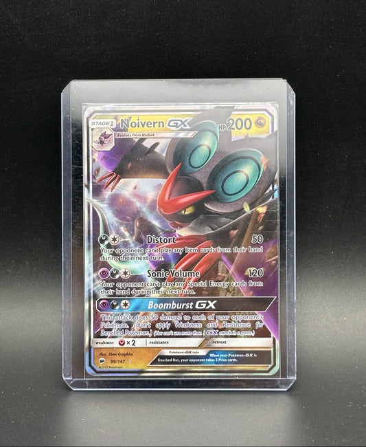 Pokémon trading card featuring Noivern GX in a clear protective case on a dark background