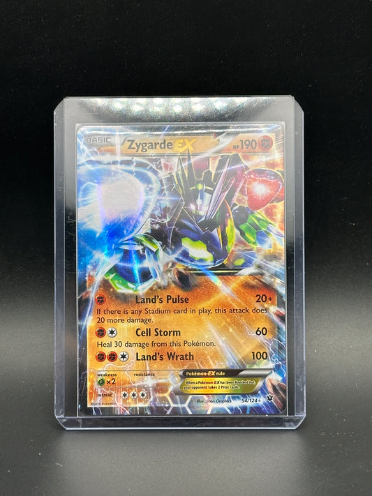 Pokemon Trading card featuring a Zygarde EX in a protective case on a dark background