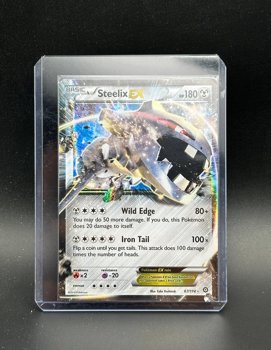 Pokemon Trading card featuring a Steelix EX in a protective case on a dark background