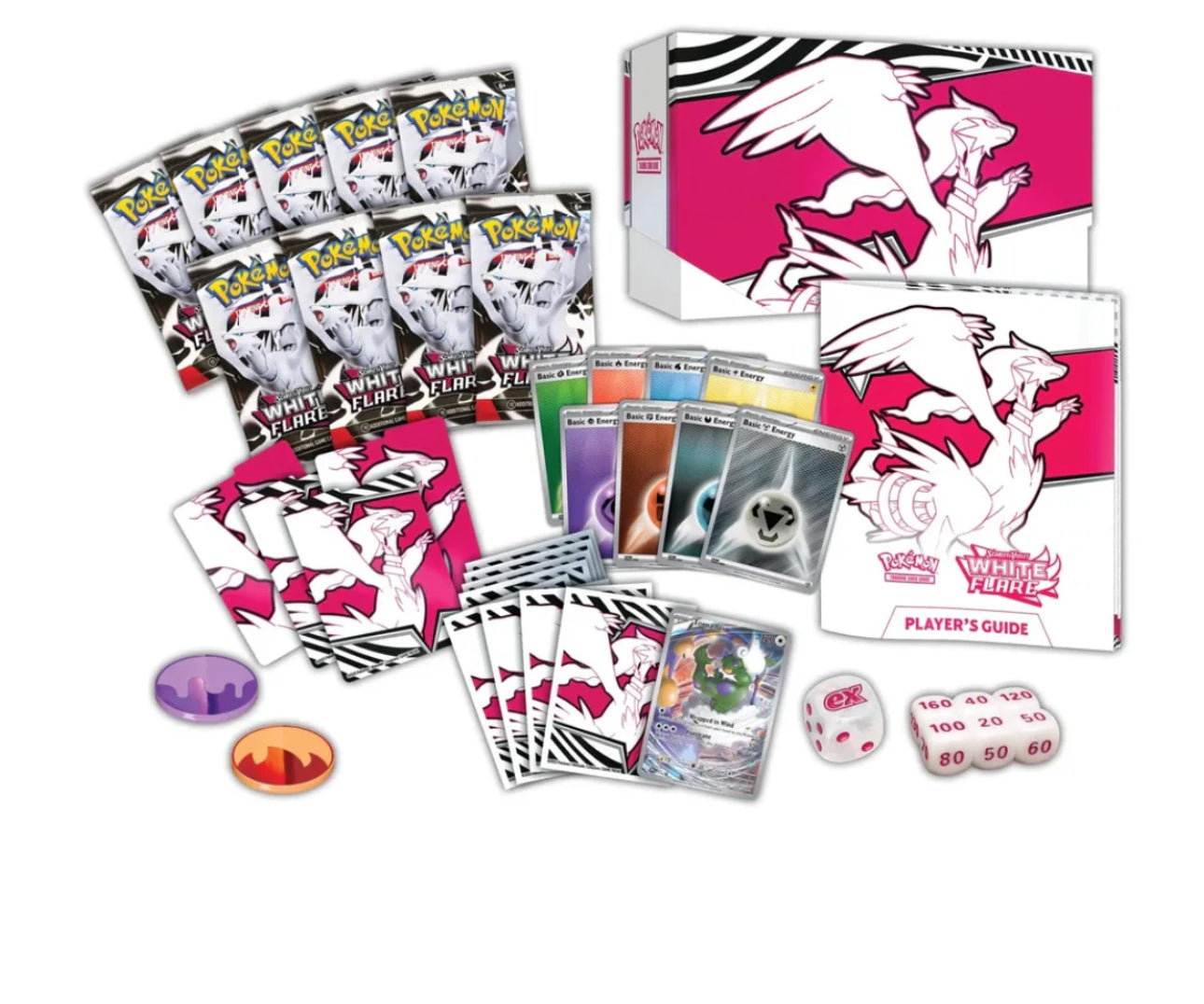 Pokémon trading card game set with cards, dice, and player’s guide on a white background