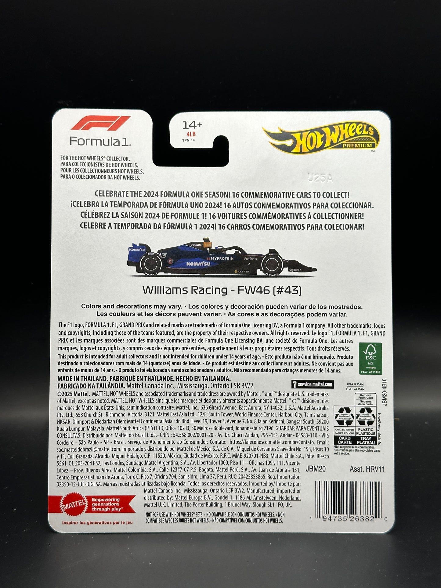 HOT WHEELS - FRANCO COLAPINTO WILLIAM RACING FW46 #43 (2025) - FORMULA 1 SERIES