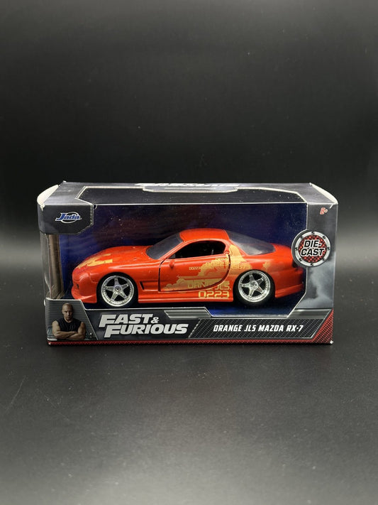 JADA DIECAST CARS - ORANGE JLS MAZDA RX-7 - FAST FURIOUS 1/32 SCALE