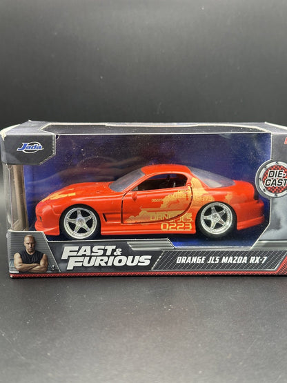 JADA DIECAST CARS - ORANGE JLS MAZDA RX-7 - FAST FURIOUS 1/32 SCALE