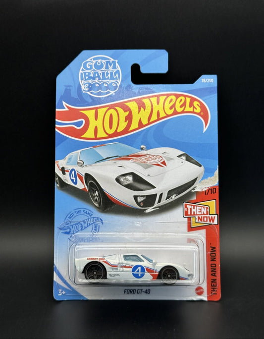Hot Wheels packaging featuring a Ford GT-40 model on a dark background