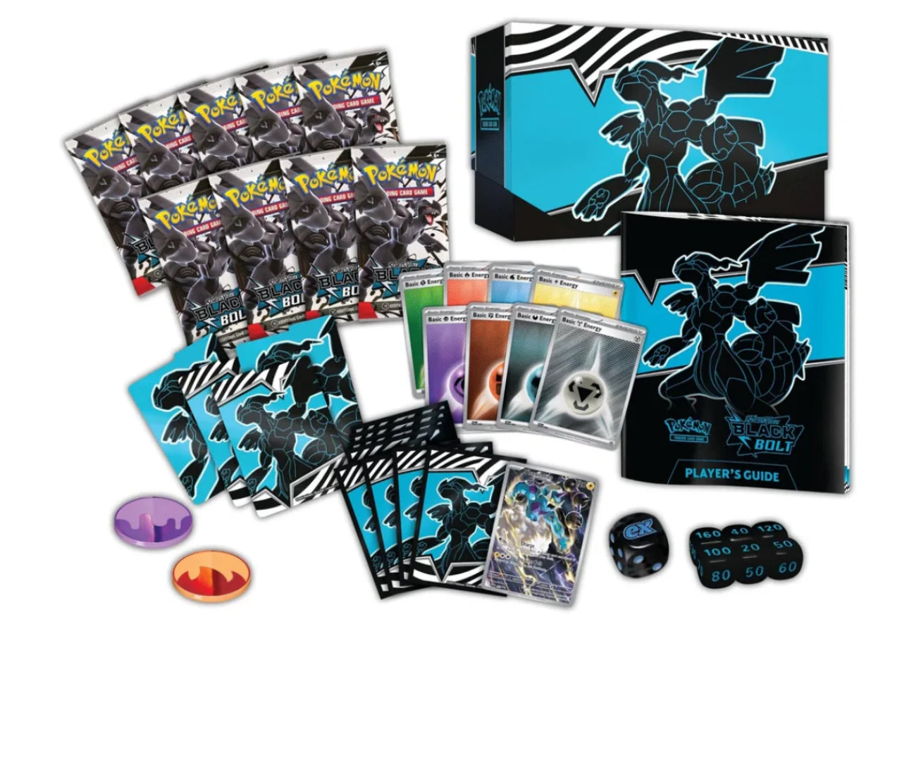 Pokémon trading card game set with cards, dice, and guidebook on a white background