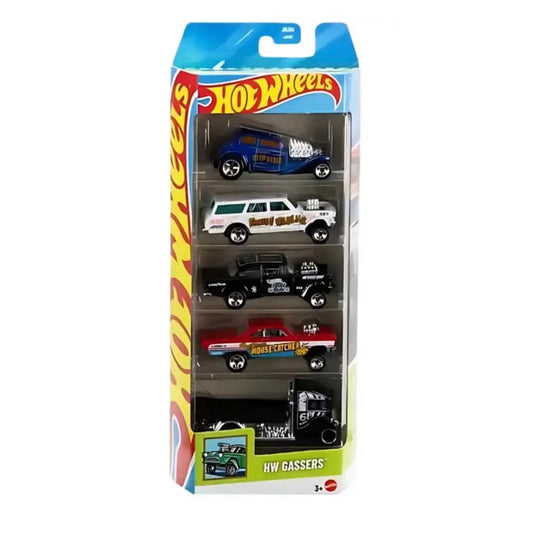 Hot Wheels toy car set packaging with five cars inside on a white background