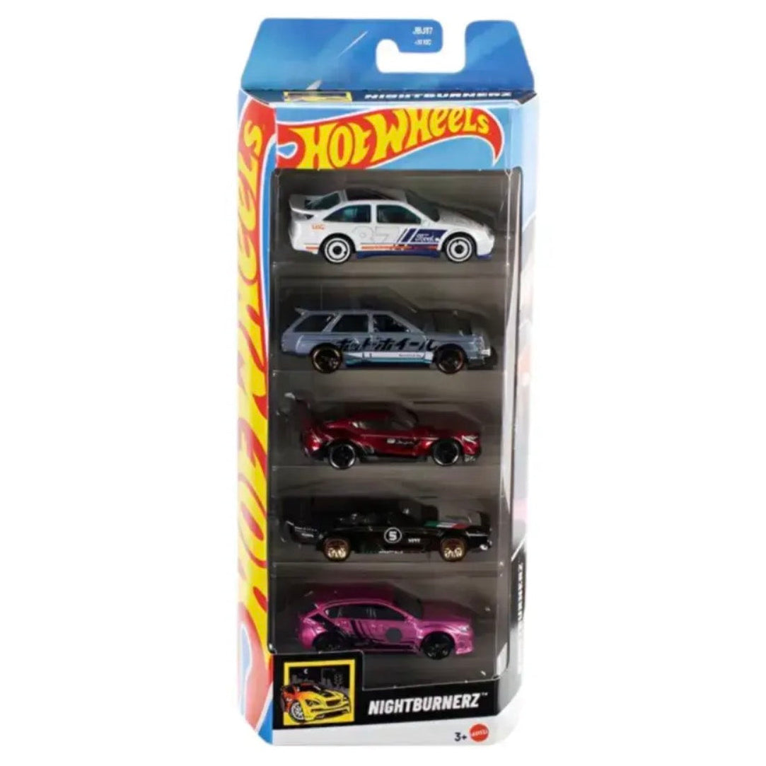 Hot Wheels toy car set in packaging with five cars displayed.