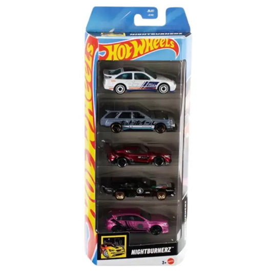 Hot Wheels toy car set in packaging with five cars displayed.