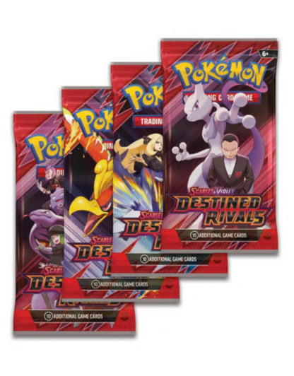 Four packs of Pokémon trading cards with colorful designs and character illustrations.