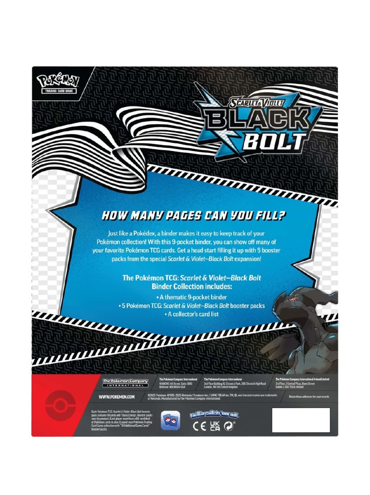 Pokémon Black & Bolt trading card binder packaging with text and graphics.