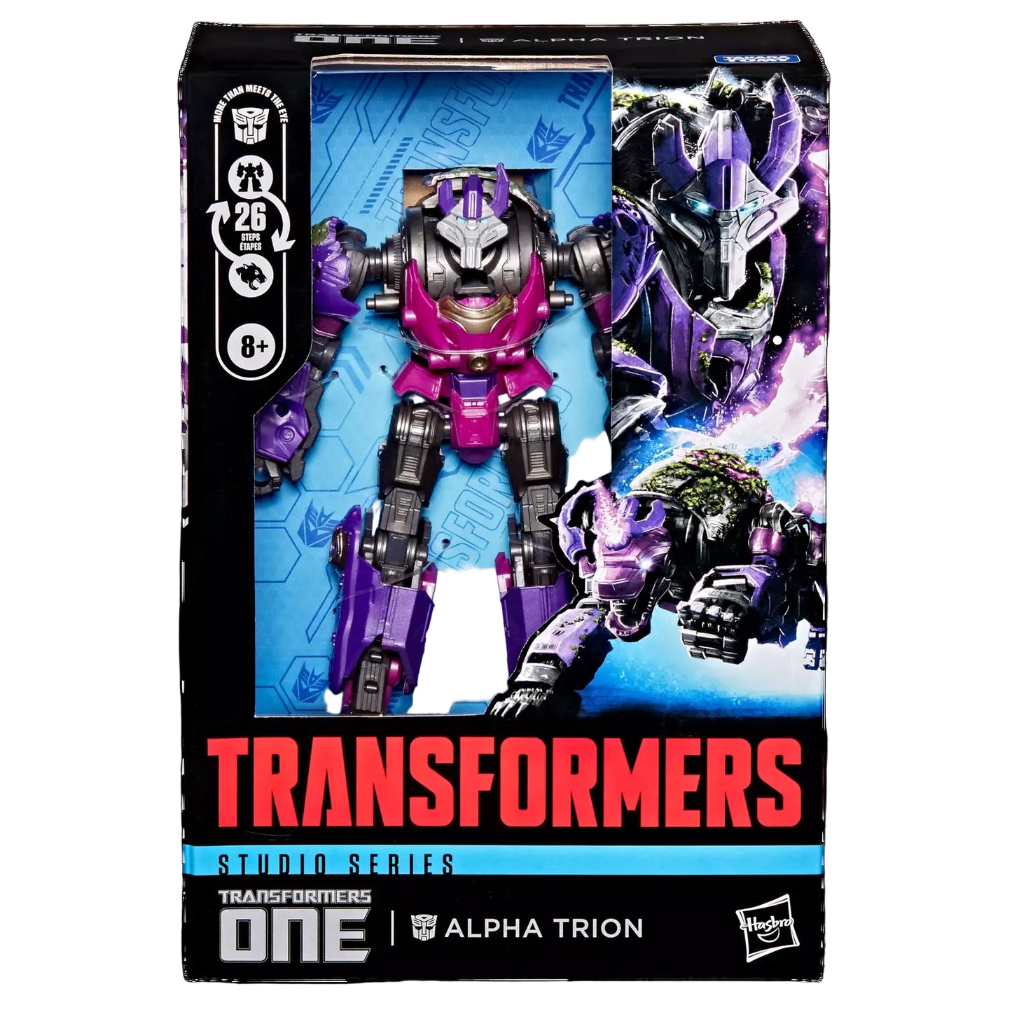 Transformers toy figure in packaging with branding and character illustration