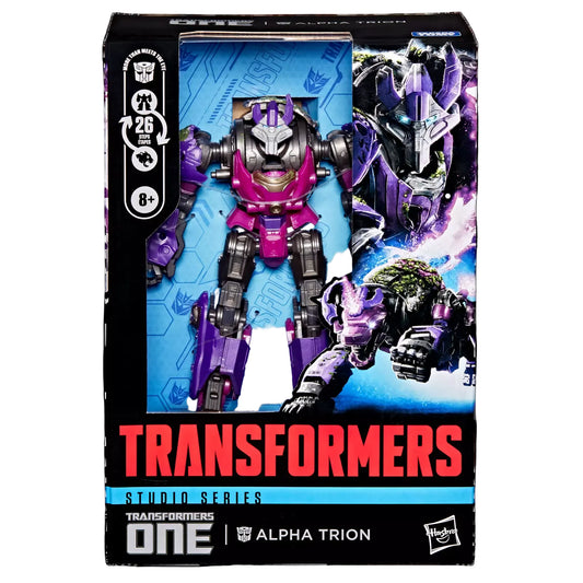 Transformers toy figure in packaging with branding and character illustration