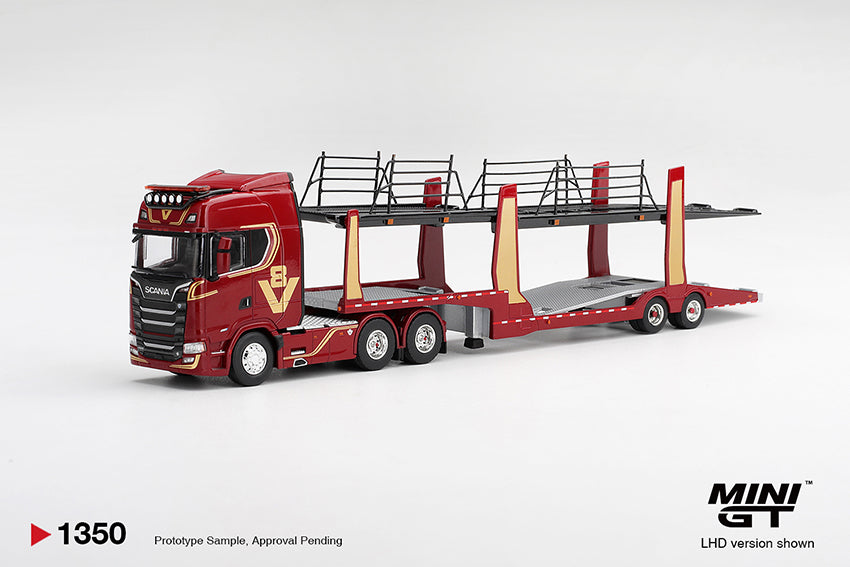 PRE-ORDER DEADLINE: AUGUST 26 - MINI GT - SCANIA 770S A6x4NA CAR TRANSPORTER V8 - 50th ANNIVERSARY CAR TRANSPORTER RED - FEBRUARY 2027