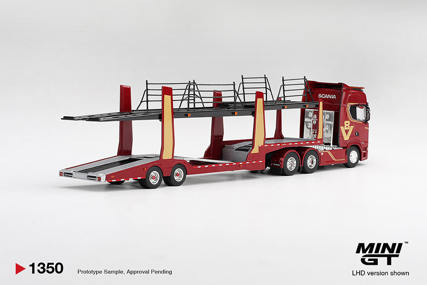 PRE-ORDER DEADLINE: AUGUST 26 - MINI GT - SCANIA 770S A6x4NA CAR TRANSPORTER V8 - 50th ANNIVERSARY CAR TRANSPORTER RED - FEBRUARY 2027