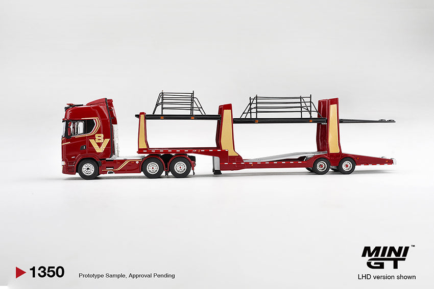 PRE-ORDER DEADLINE: AUGUST 26 - MINI GT - SCANIA 770S A6x4NA CAR TRANSPORTER V8 - 50th ANNIVERSARY CAR TRANSPORTER RED - FEBRUARY 2027