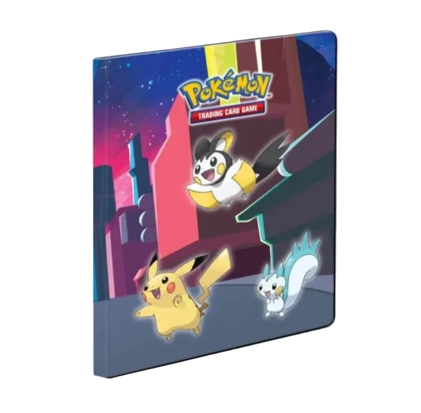 Pokémon trading card game binder with cartoon characters on a blue background