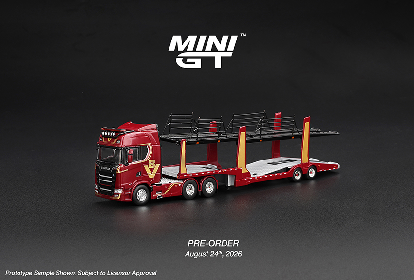 PRE-ORDER DEADLINE: AUGUST 26 - MINI GT - SCANIA 770S A6x4NA CAR TRANSPORTER V8 - 50th ANNIVERSARY CAR TRANSPORTER RED - FEBRUARY 2027